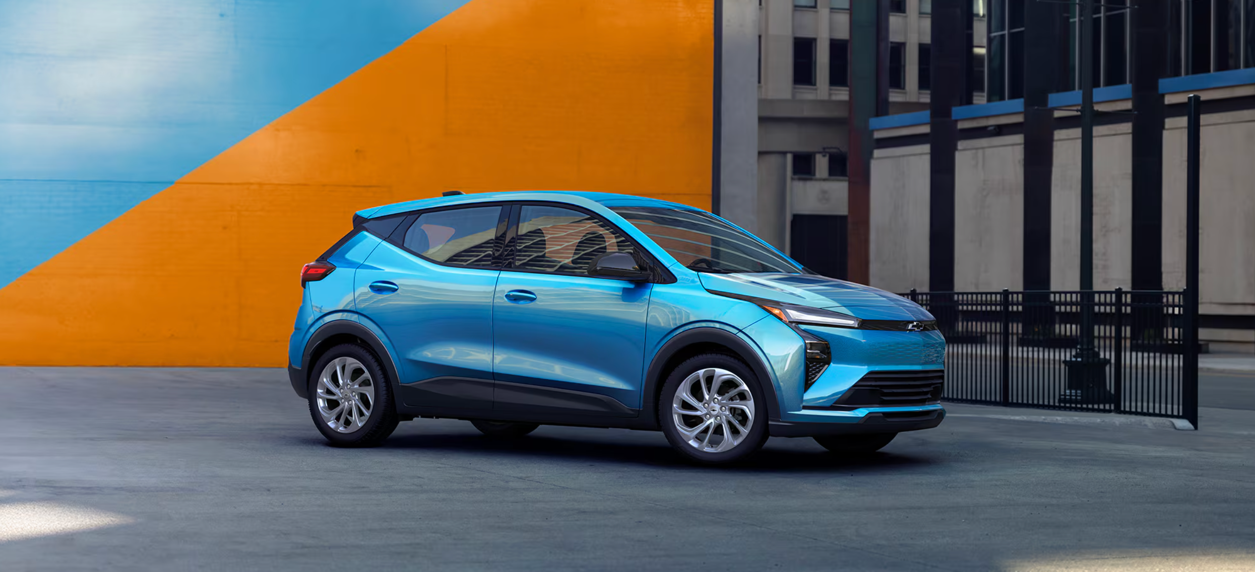 Passenger side exterior of blue 2026 Chevy Bolt in Marietta, OH